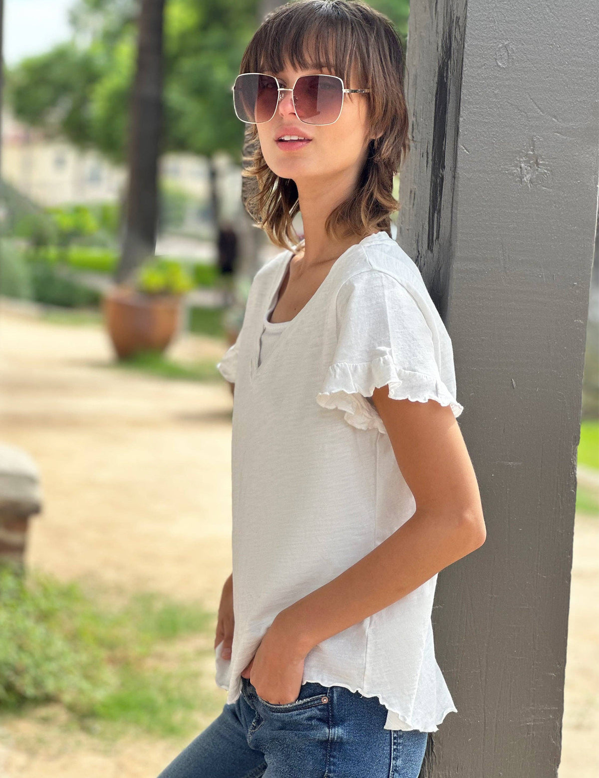 Everyday Ruffle V-Neck Tee, view 2 | Fitkitty Culture®