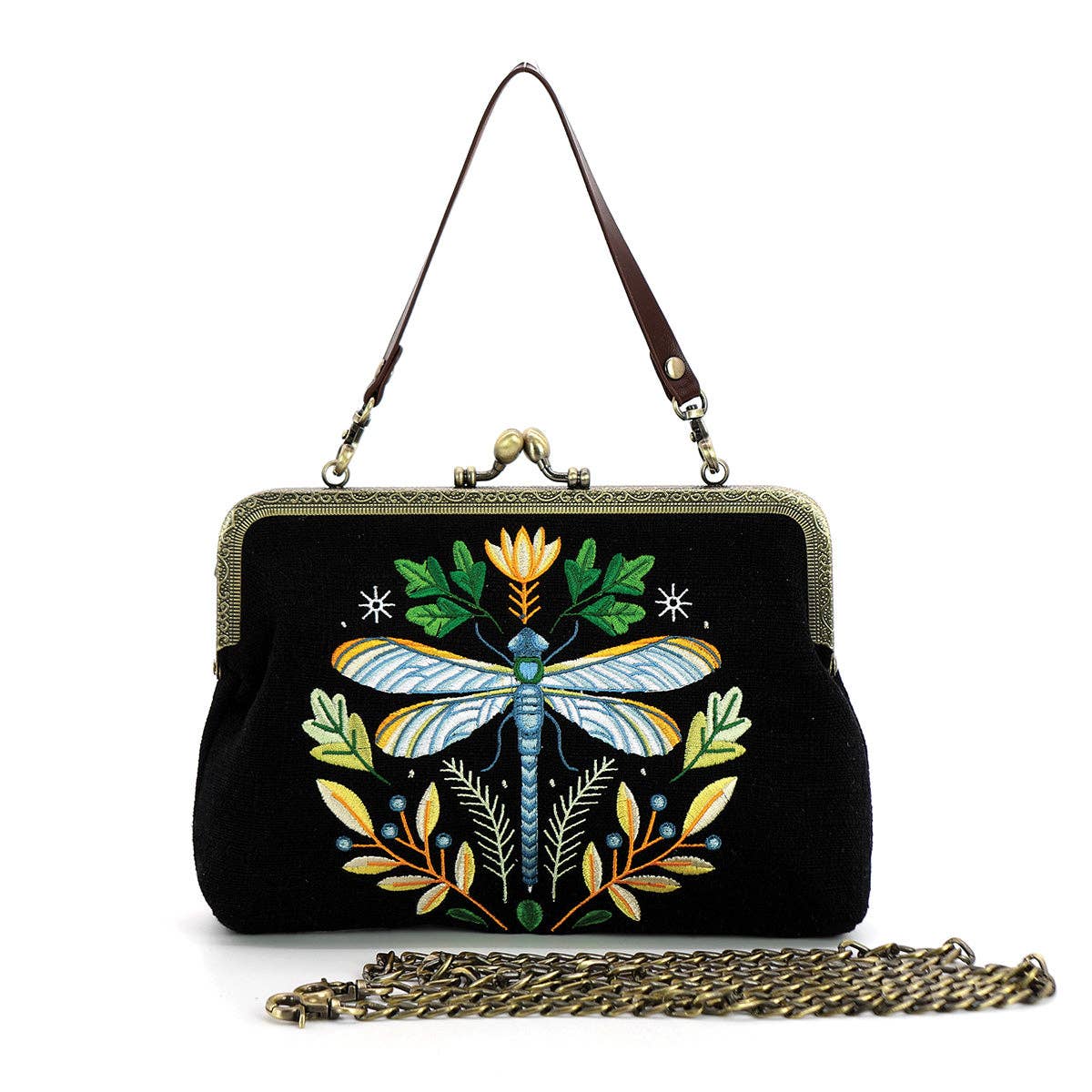 Dragonfly Kisslock Bag – Vintage-Inspired Embroidered Handbag with Detachable Strap - House of Caelo Athleisure Wear, Yoga Wear & Women's Clothing