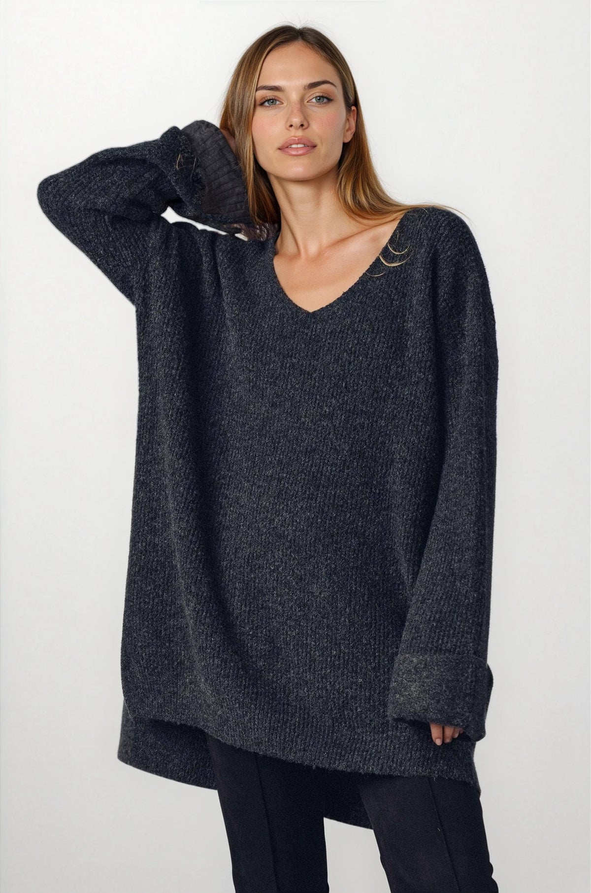 Oversized Knit V-Neck Sweater Tunic Top - Fitkitty Culture Athleisure Wear, Yoga Wear & Women's Clothing