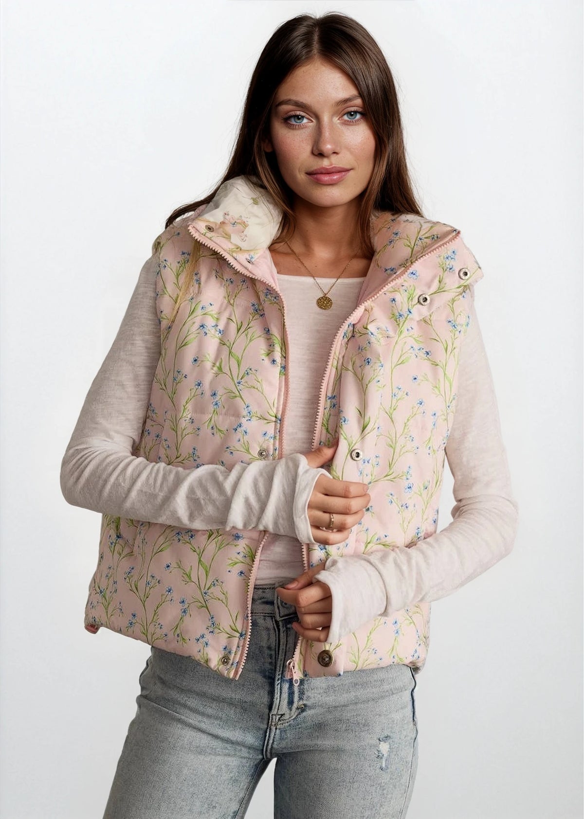 Light Pink Floral Puffer Vest - House of Caelo Athleisure Wear, Yoga Wear & Women's Clothing
