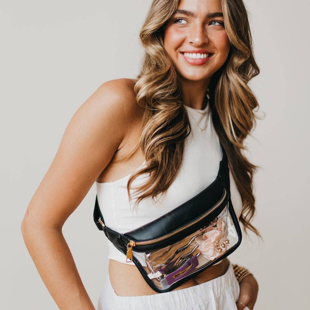 Clara clear bum bag in black worn crossbody
