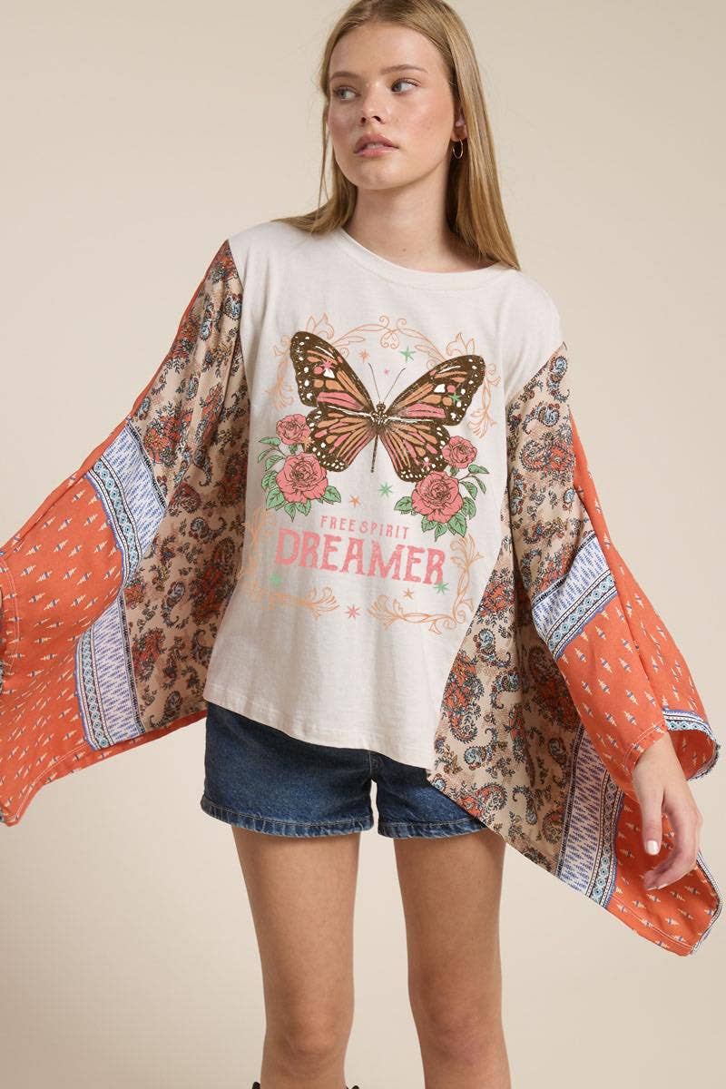 Butterfly Dreamer Vintage Graphic Sheer Kaftan Top - Fitkitty Culture Athleisure Wear, Yoga Wear & Women's Clothing