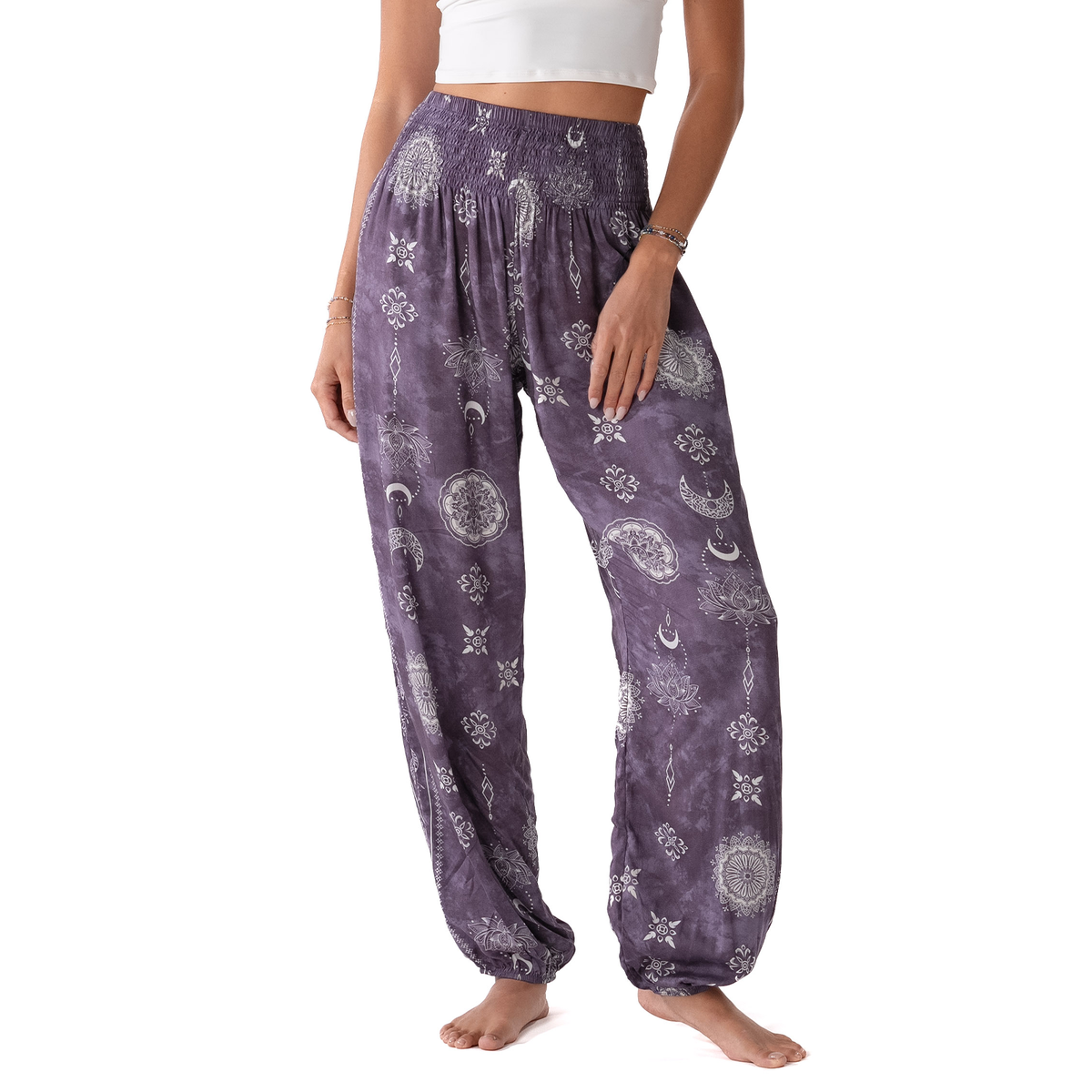 Buttery soft Mystic Plum harem pants with smocked waist