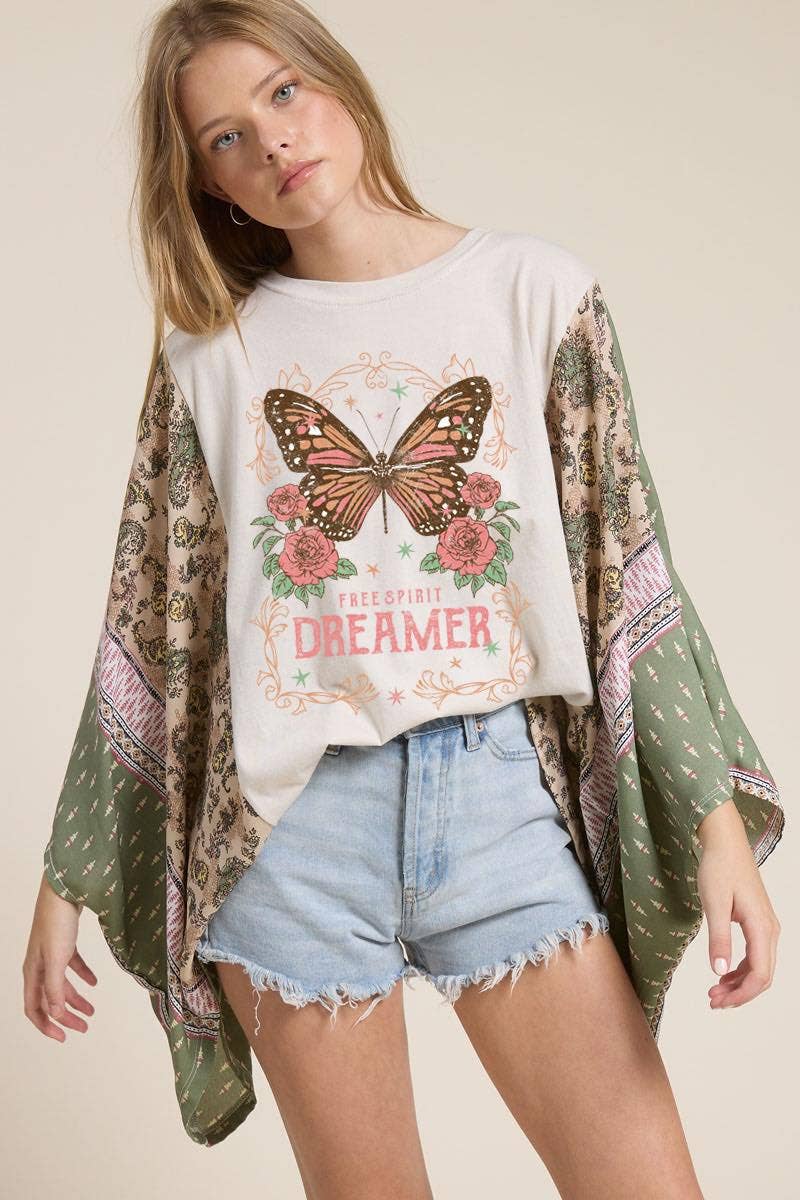 Butterfly Dreamer Vintage Graphic Sheer Kaftan Top - Fitkitty Culture Athleisure Wear, Yoga Wear & Women's Clothing