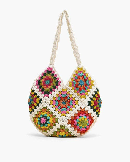 Slouchy crochet shoulder bag with boho patchwork detail