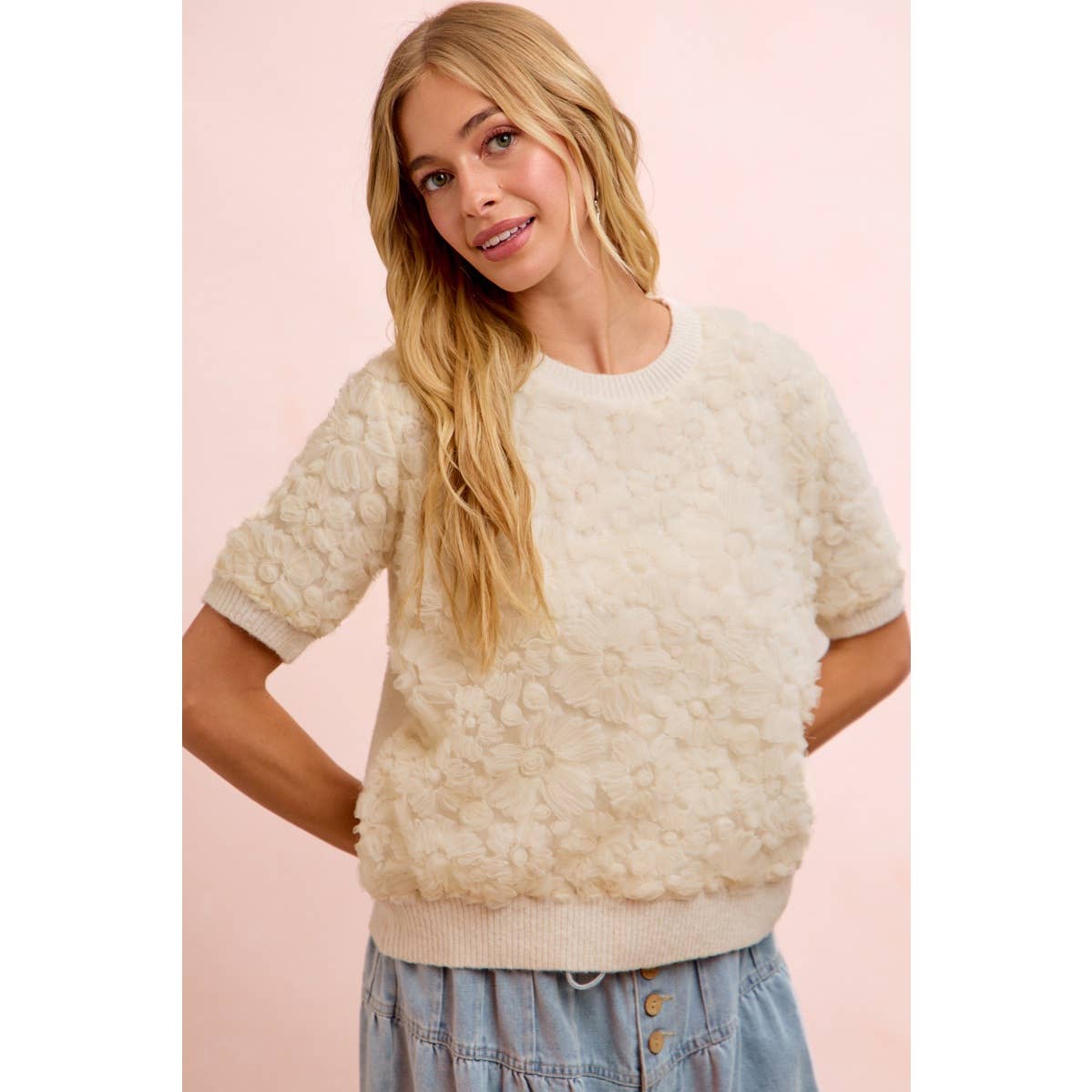 Ivory Bloom 3D Floral Knit Top, view 6 | Fitkitty Culture®