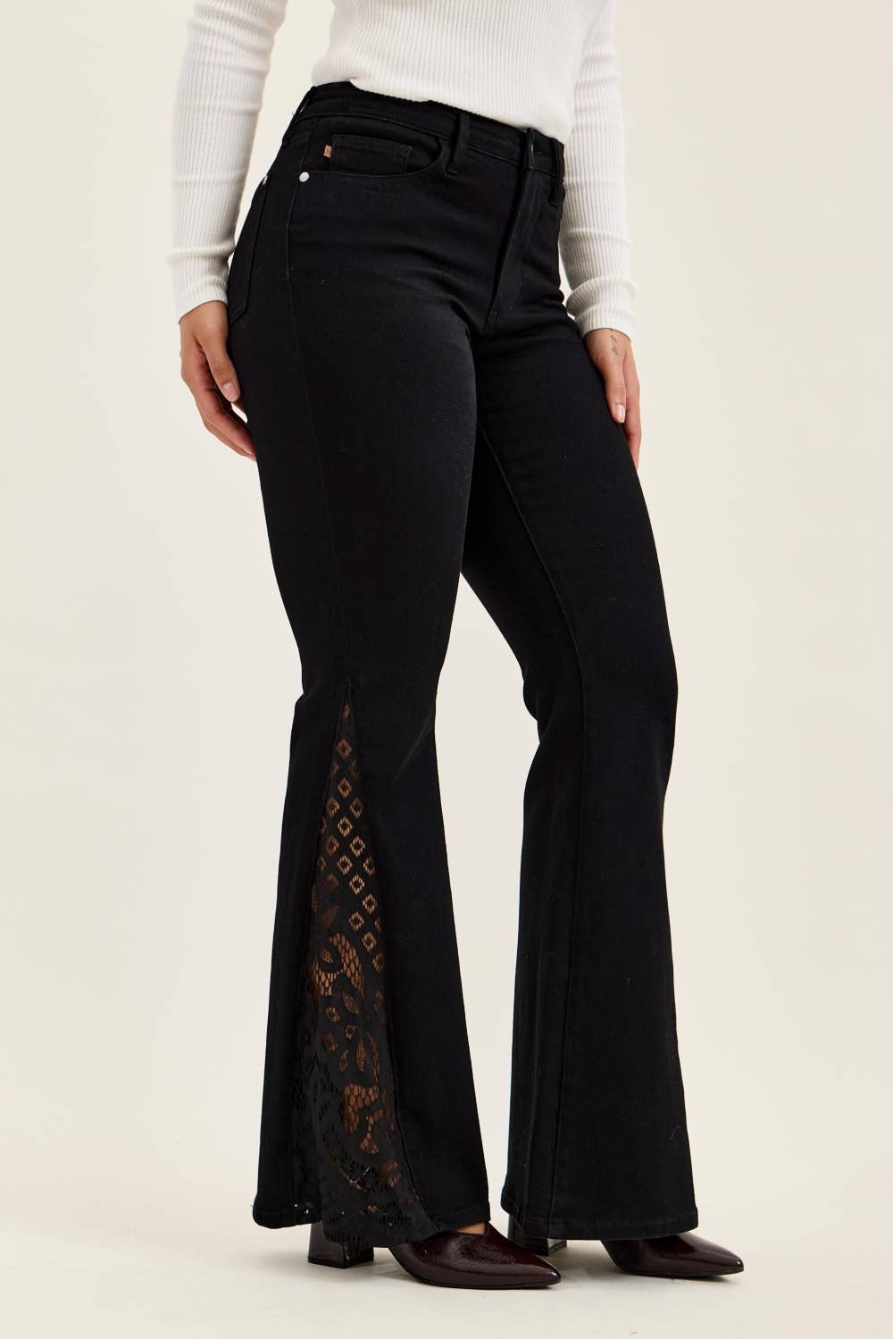 Jaqueline Lace Hem Ultra Flare Jeans - Shadow Black, view 7 | Fitkitty Culture®