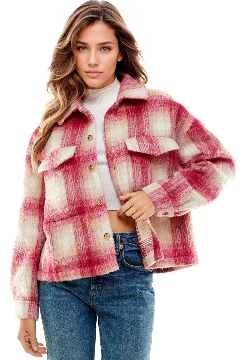 Vibrant Aura Pink Plaid Pocket Shacket, Clothing, House of Caelo, House of Caelo Athleisure Wear, Yoga Wear & Leggings