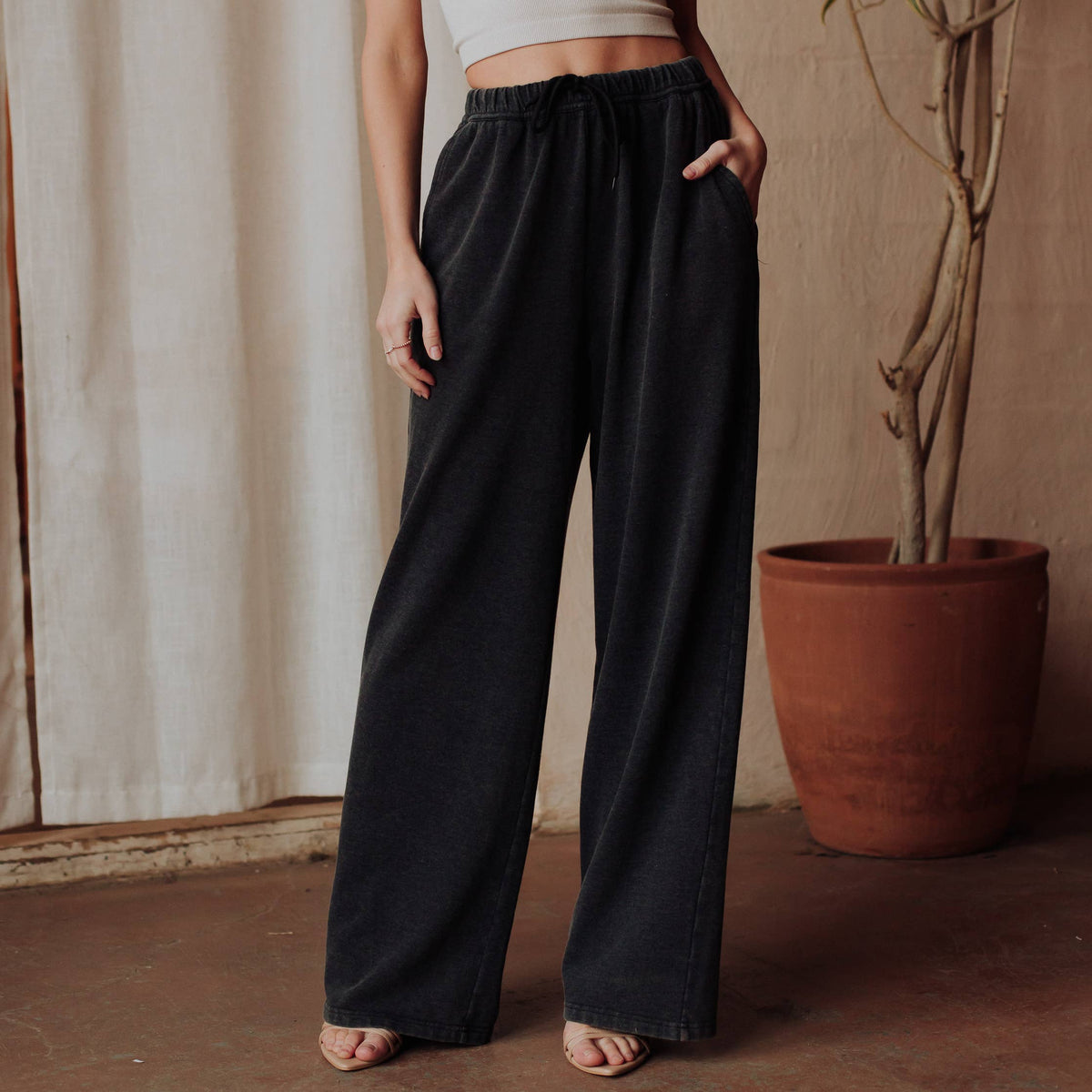 Black washed soft lounge pants with relaxed off-duty fit
