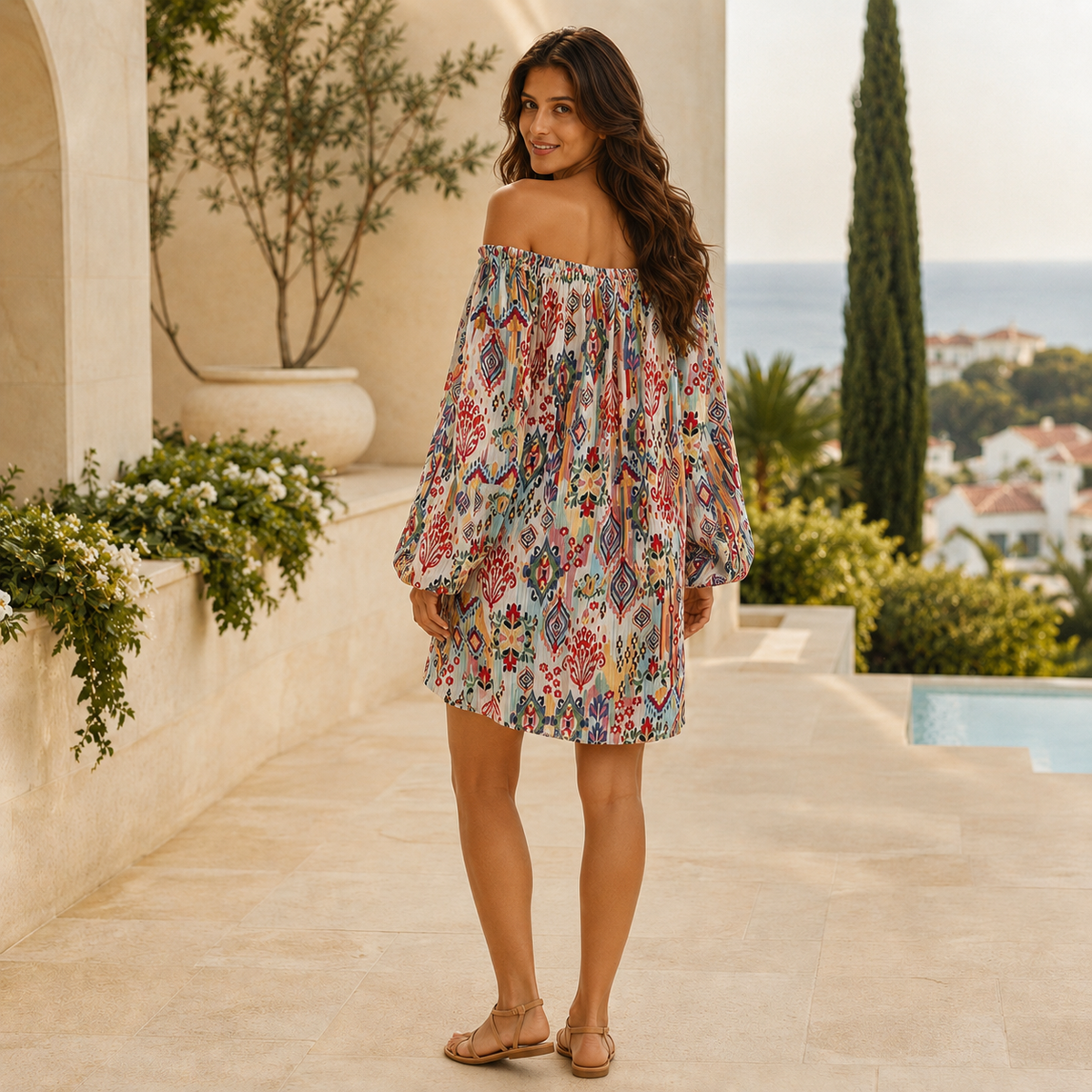 Boho Off Shoulder Balloon Sleeve Mini Dress, view 3 | House of Caelo®