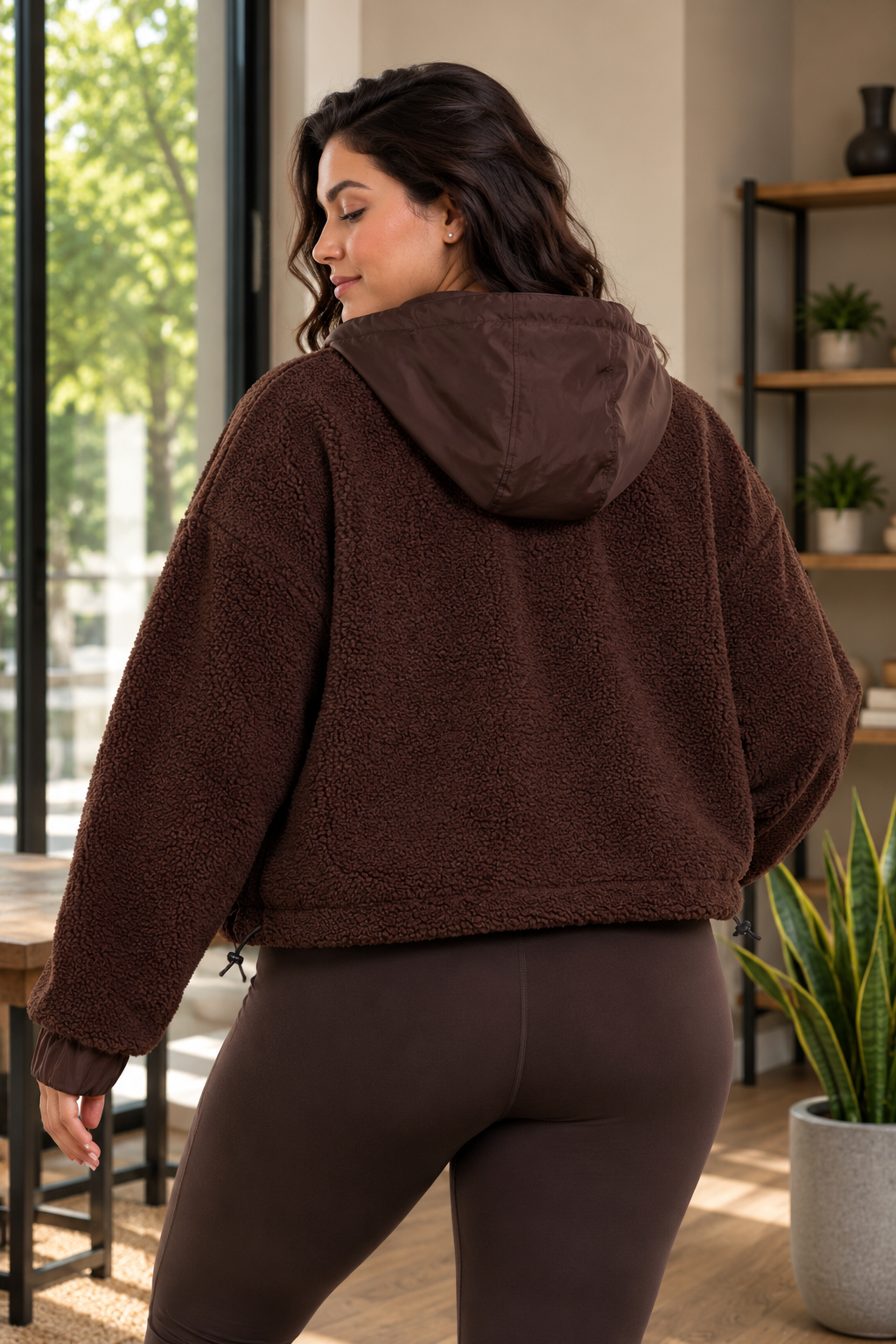 CURVY Sherpa Dreams Cropped Hooded Jacket, view 3 | House of Caelo®