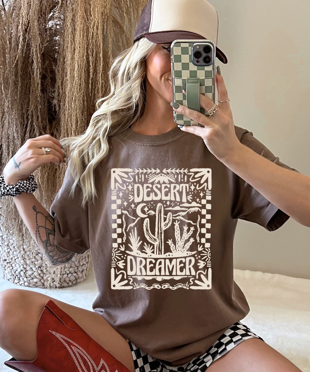 Espresso Comfort Colors tee with boho Western Desert Dreamer graphic