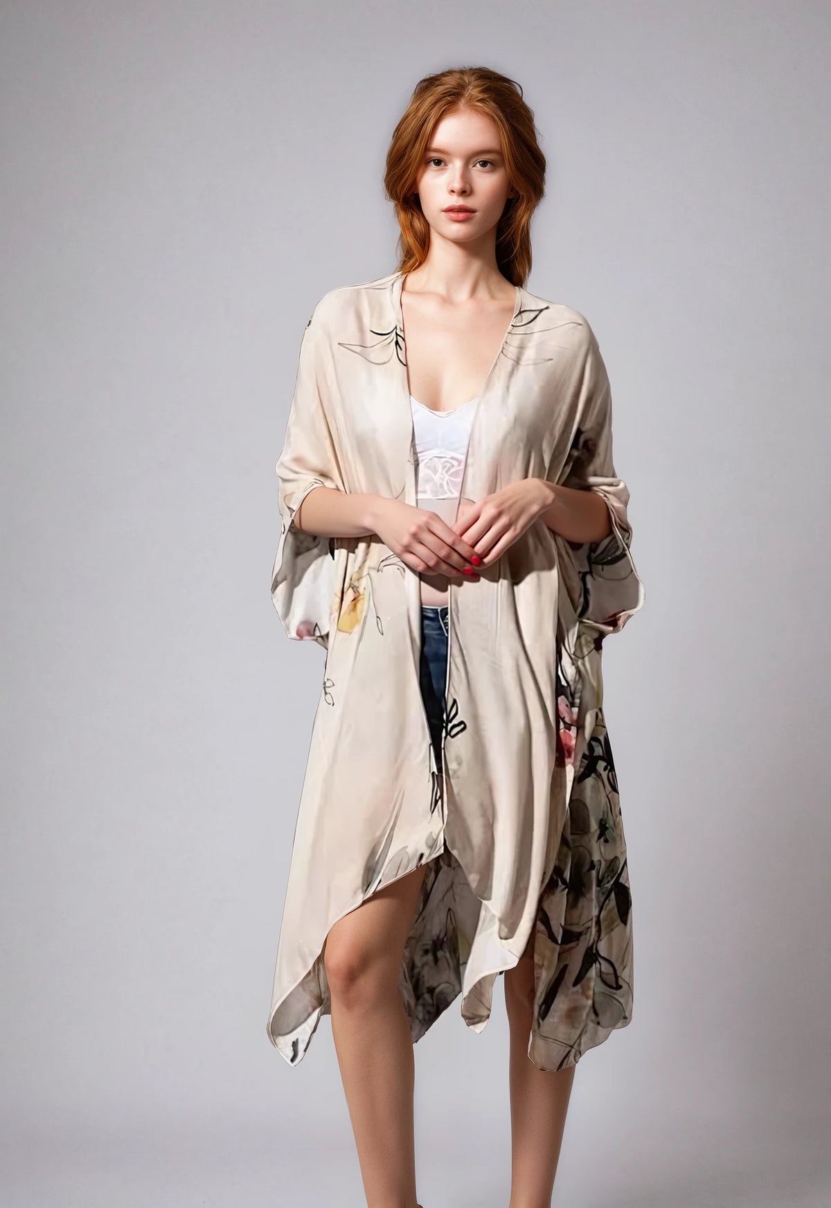 Soft floral Fleur Serenity kimono with flowy open-front fit