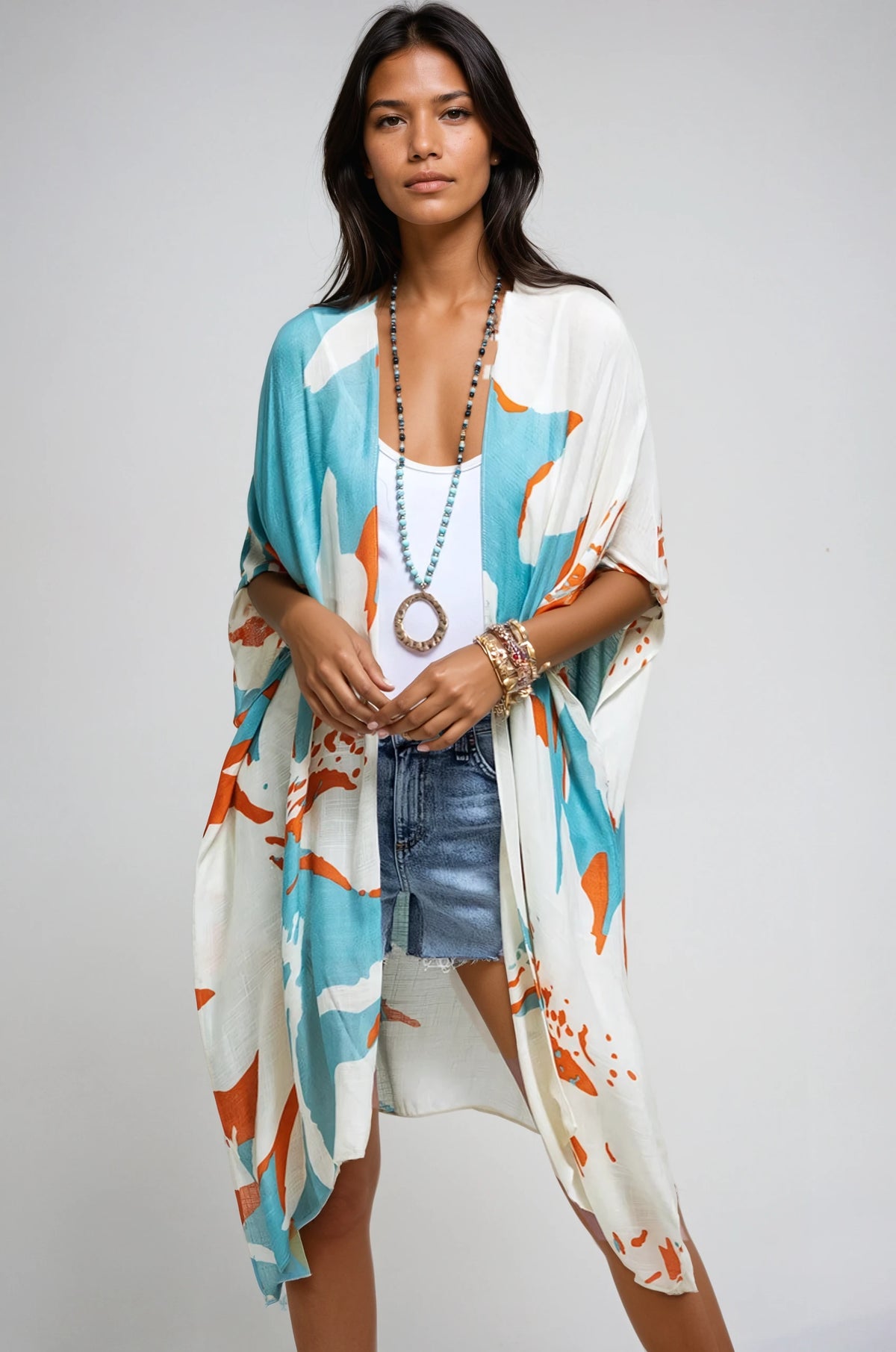 Flowy aquamarine floral Ocean Bloom kimono wrap with open front