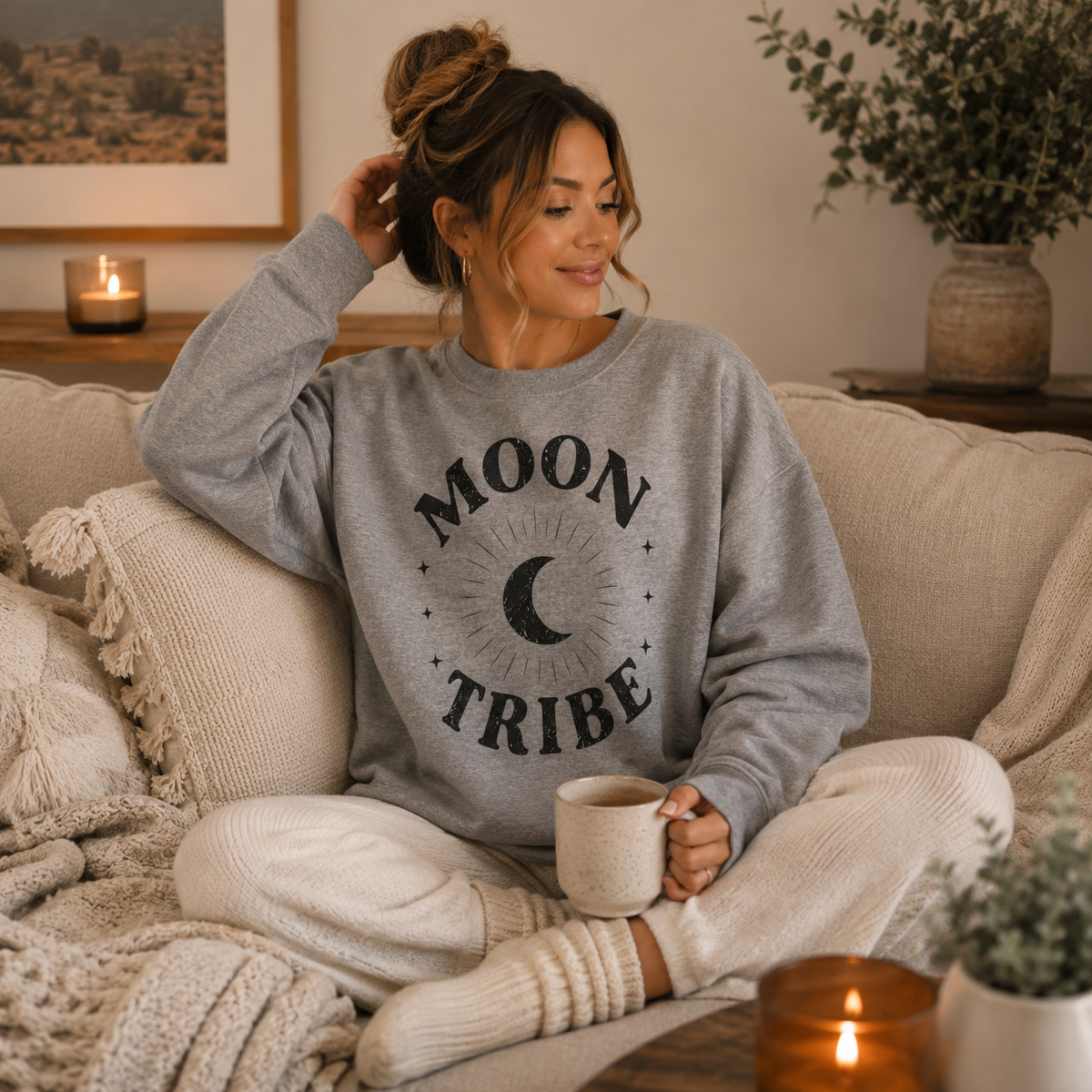 Moon Tribe Crewneck Sweatshirt – Crescent Moon Graphic Cozy Pullover — alternate product view 3