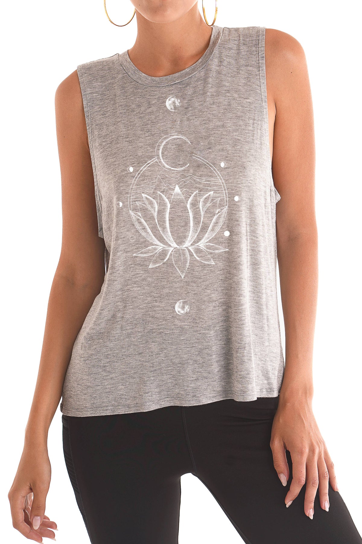Heather grey sleeveless tank with hand-drawn lotus and moon graphic