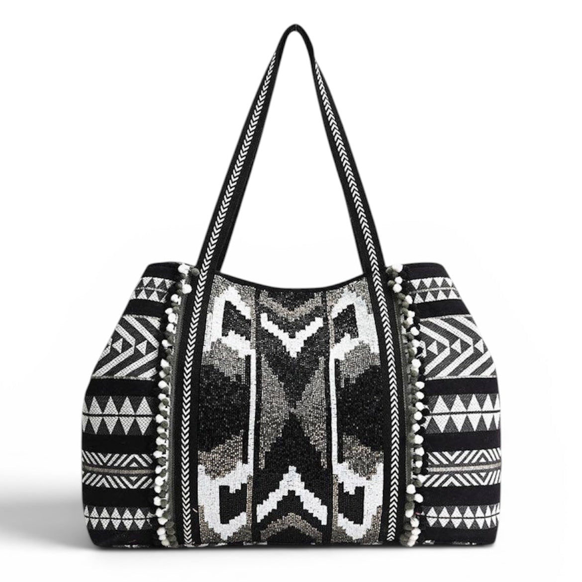 Hand-embellished ikat tote in noir black with boho detail