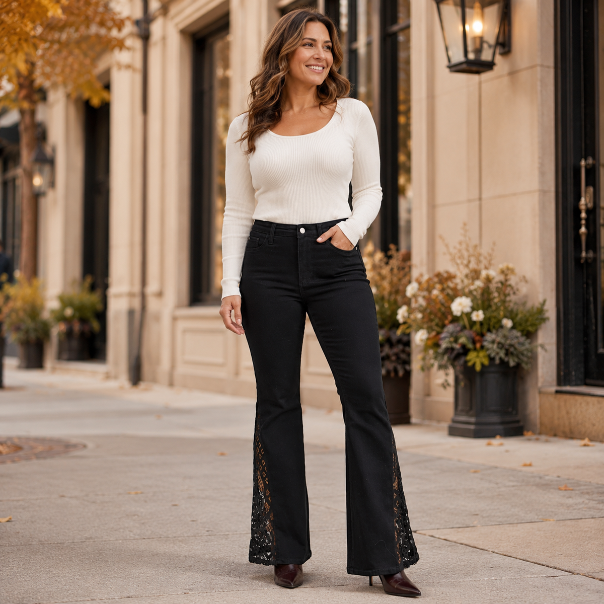 Jaqueline Lace Hem Ultra Flare Jeans - Shadow Black, view 2 | Fitkitty Culture®