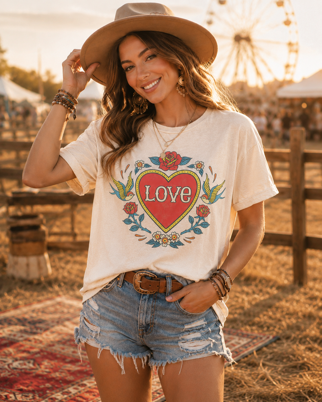 Mineral-washed boyfriend tee with hand-drawn love tattoo graphic