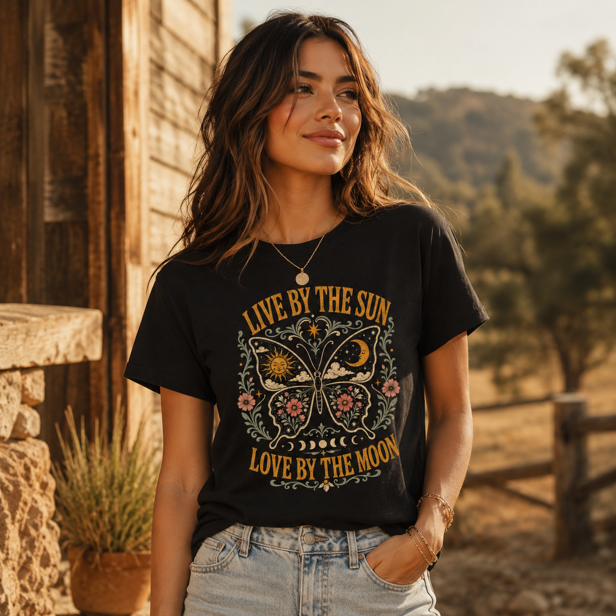 A woman wearing a black graphic t-shirt with a butterfly design and the text 'LIVE BY THE SUN LOVE BY THE MOON' in a warm, outdoor rustic setting.