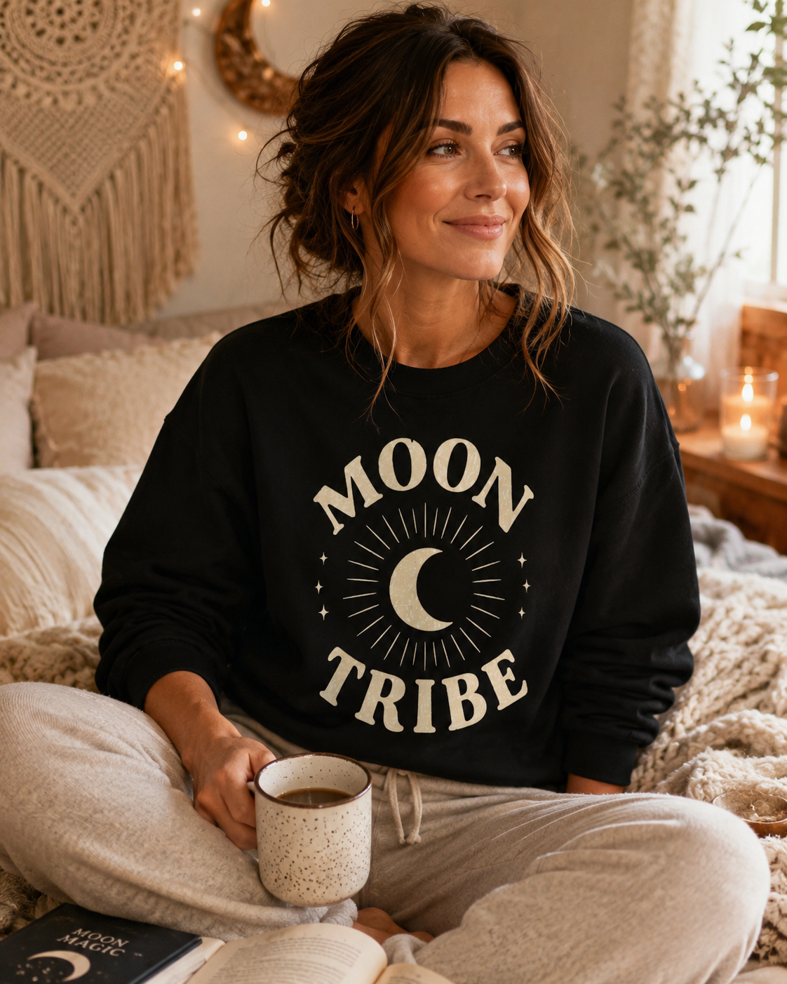 Woman wearing a black 'Moon Tribe' sweatshirt, sitting on a bed holding a mug.