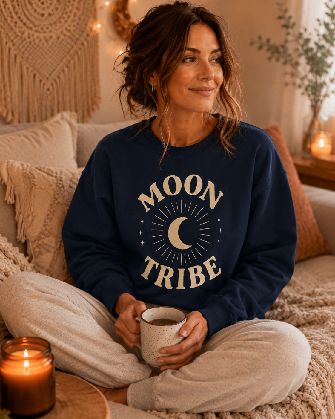 Woman wearing a navy sweatshirt with 'Moon Tribe' text, sitting on a couch holding a mug.