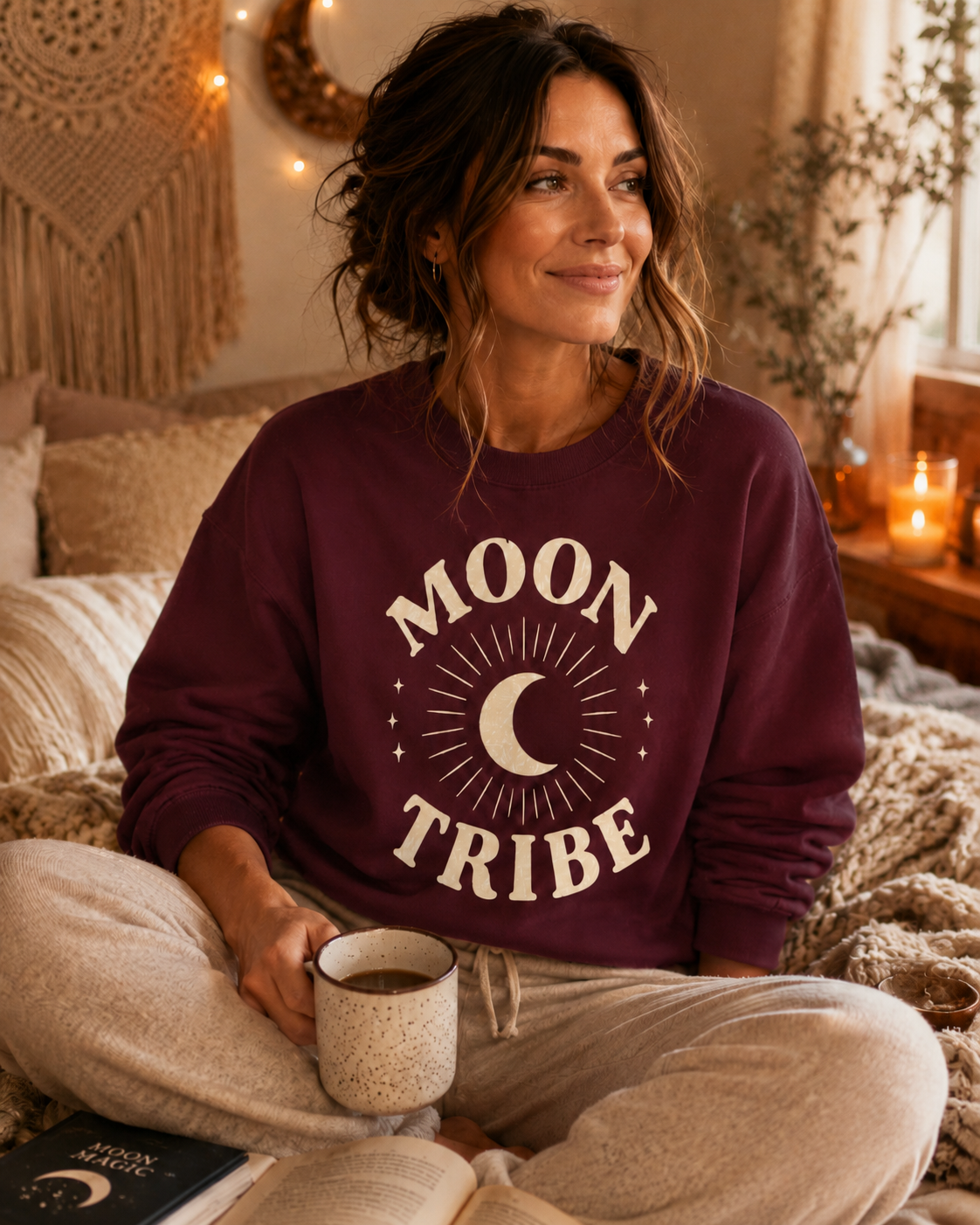 Woman wearing a maroon sweatshirt with 'Moon Tribe' design, sitting on a bed holding a mug.