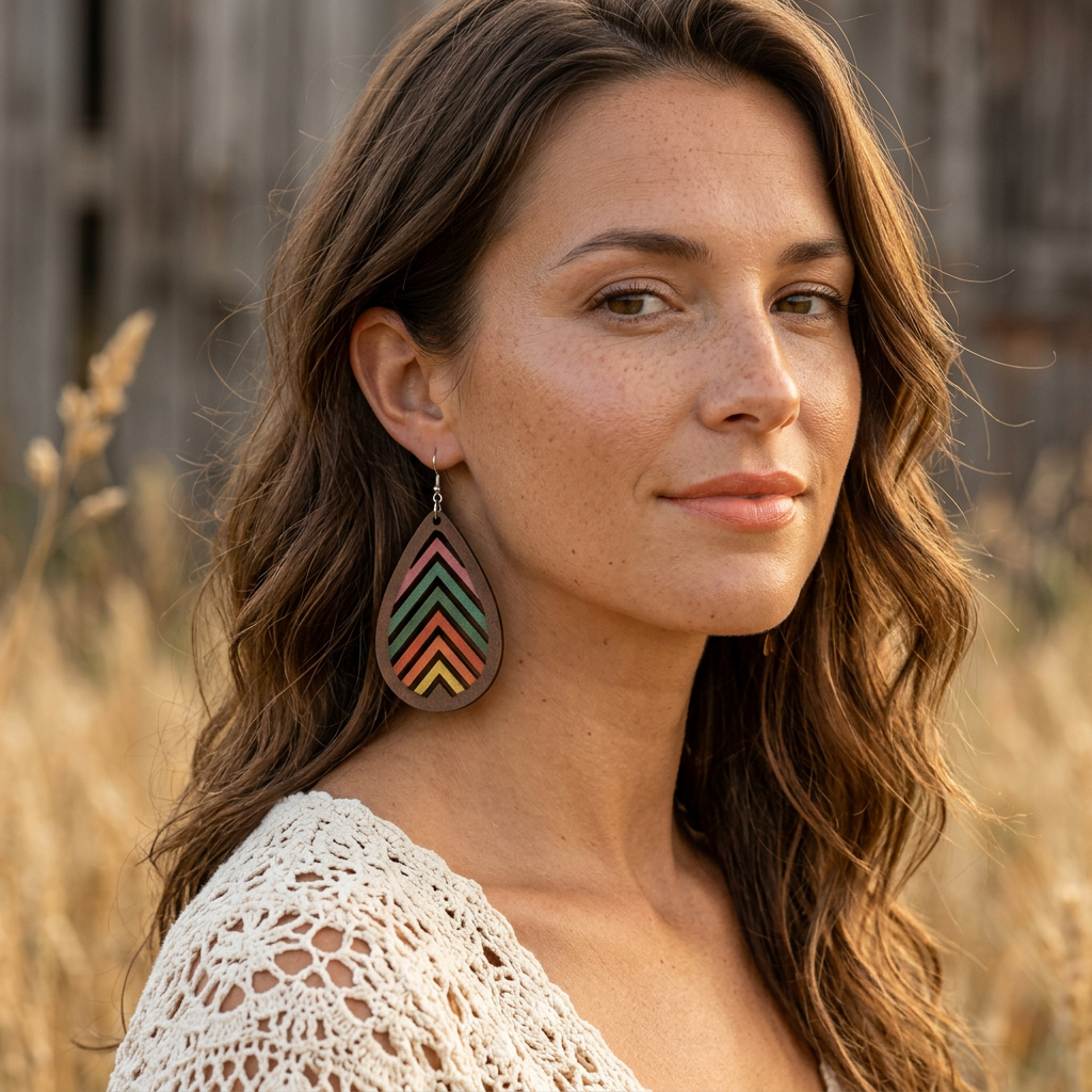 Lightweight wooden teardrop earrings with painted rainbow detail