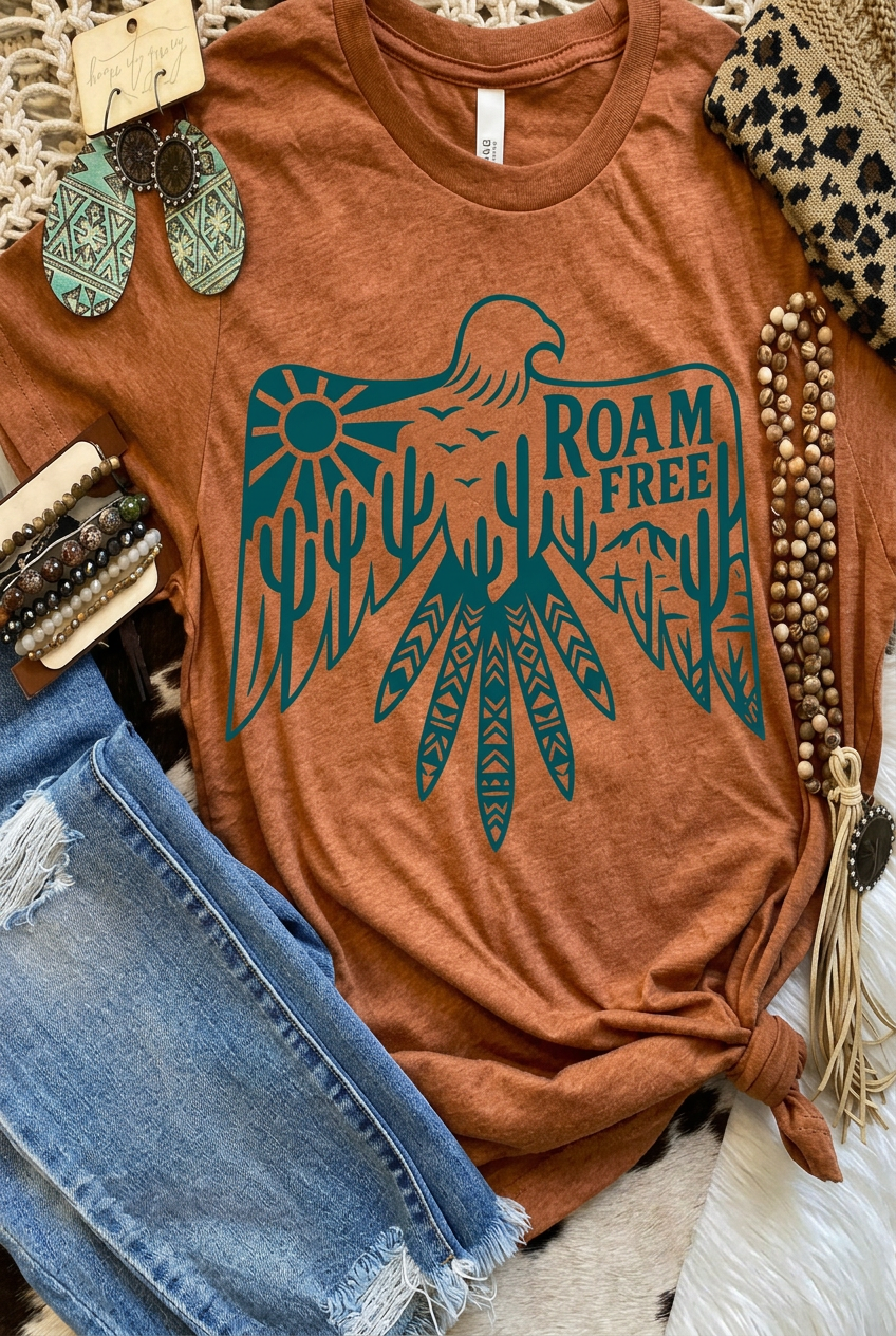 Roam Free Tee front view with eagle graphic, relaxed unisex fit