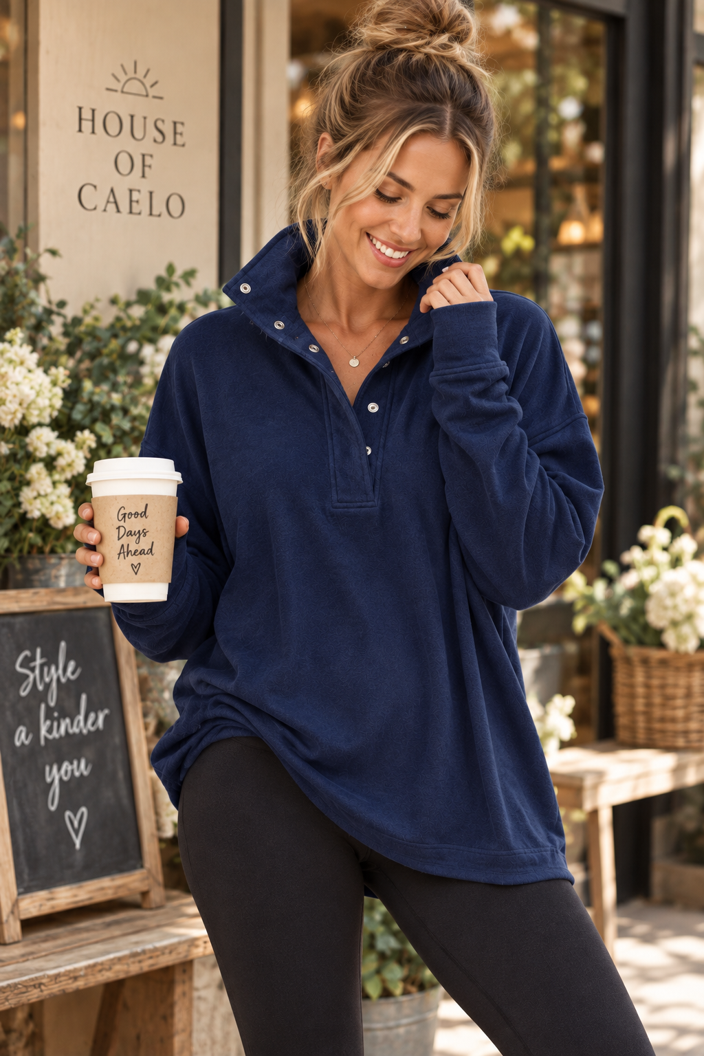 Cloudline Snap-Collar Fleece Pullover in Navy styled with black leggings for an easy everyday fall outfit