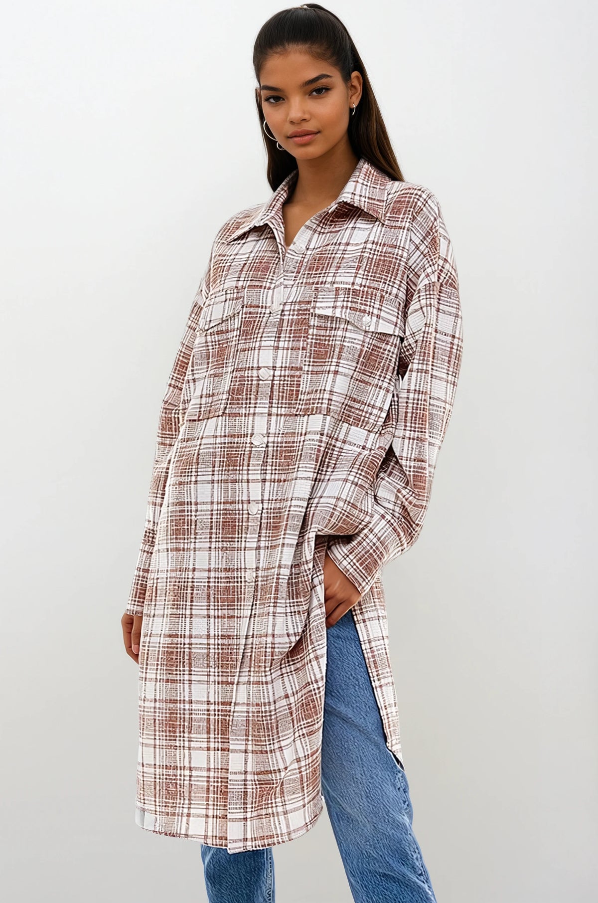 Oversized Long Plaid Shacket, view 2