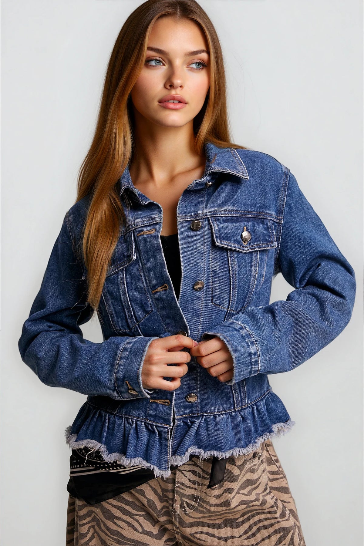 Ruffled Hem Denim Jacket - House of Caelo Athleisure Wear, Yoga Wear & Women's Clothing