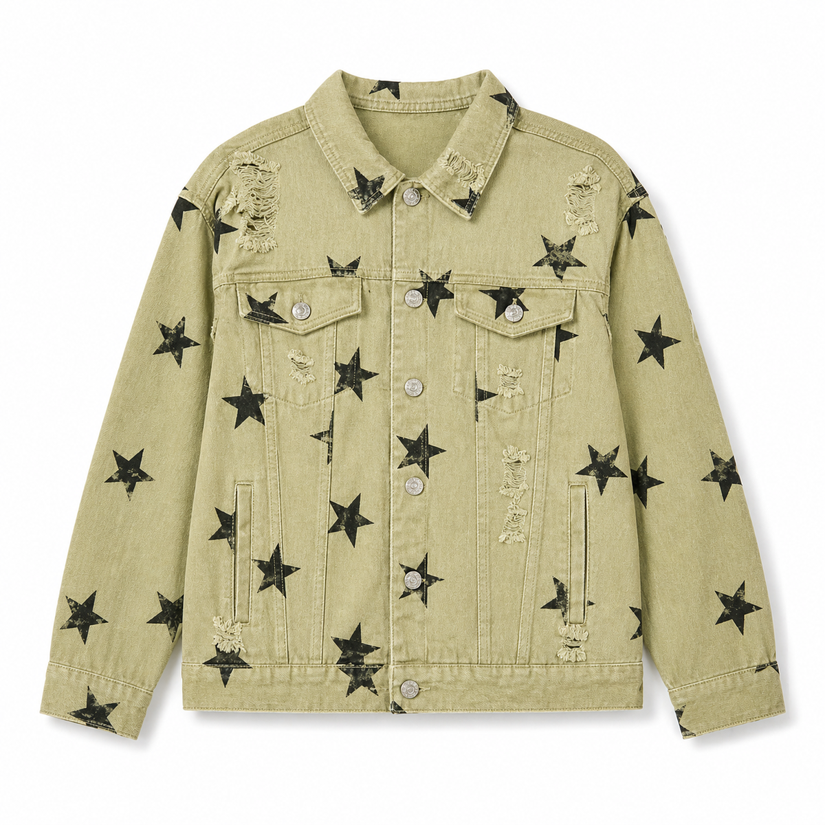 Sage Star Distressed Denim Jacket front view with button-front detail