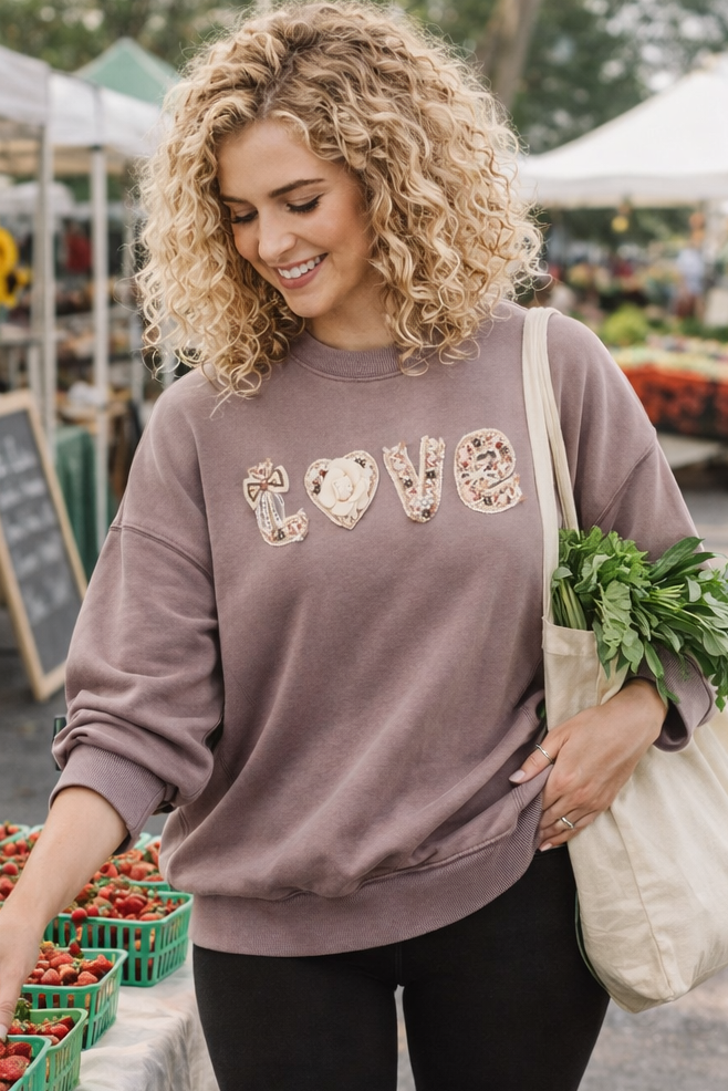 Boho "Love" Embellished Mineral Wash Sweatshirt - House of Caelo Athleisure Wear, Yoga Wear & Women's Clothing