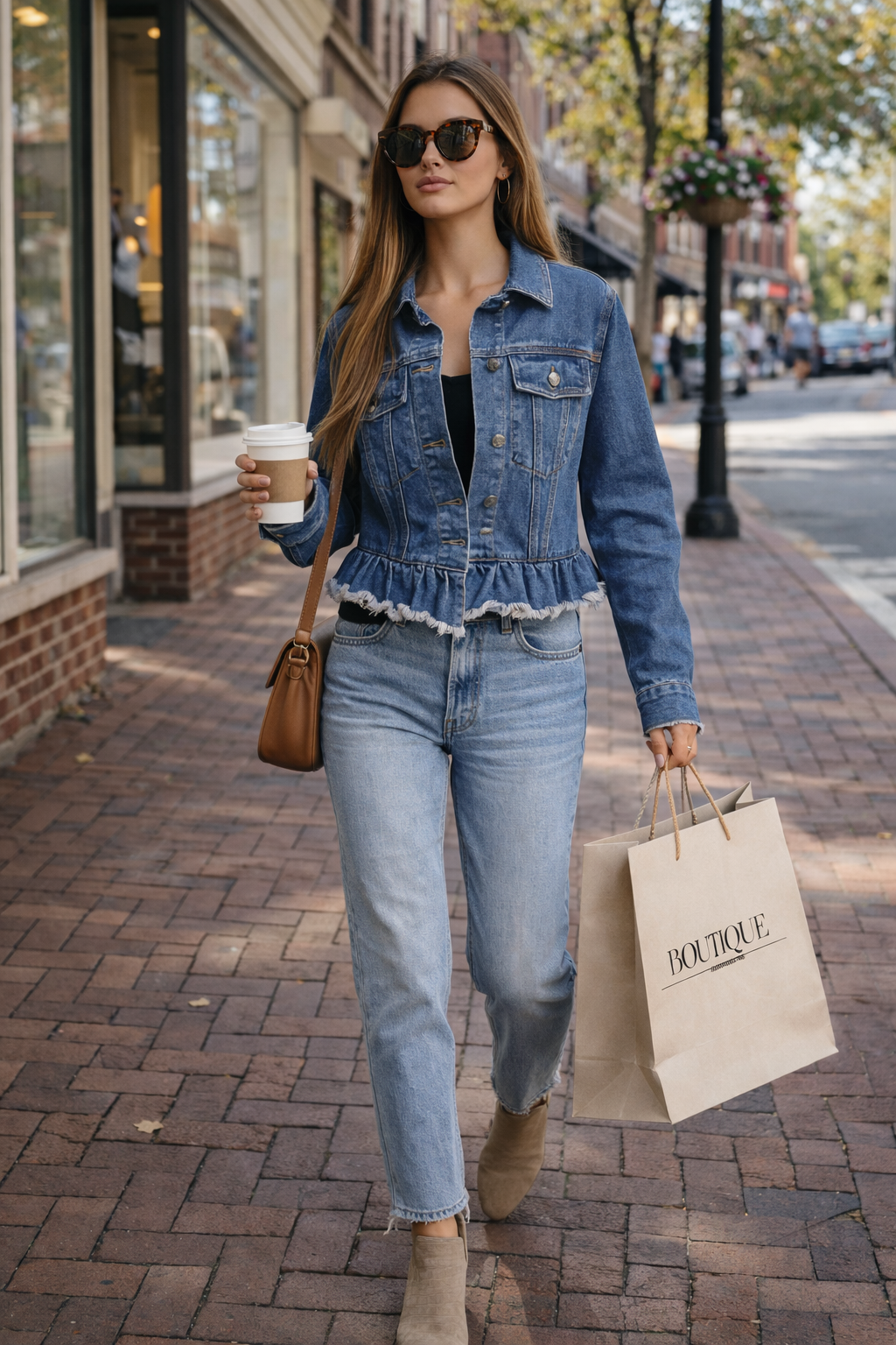 Vintage denim jacket with feminine ruffled hem detail