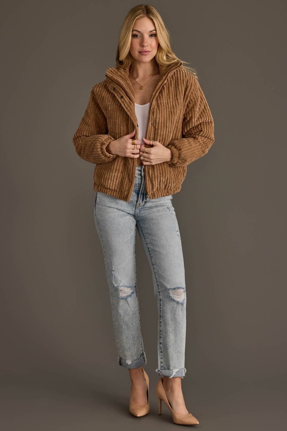Tan Corduroy Puffer Jacket - Fitkitty Culture Athleisure Wear, Yoga Wear & Women's Clothing