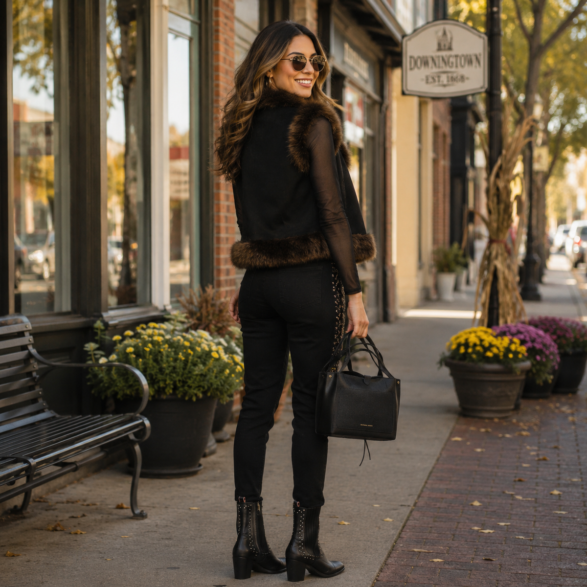 Embroidered Faux Suede Vest with Fur Trim, view 9 | Fitkitty Culture®