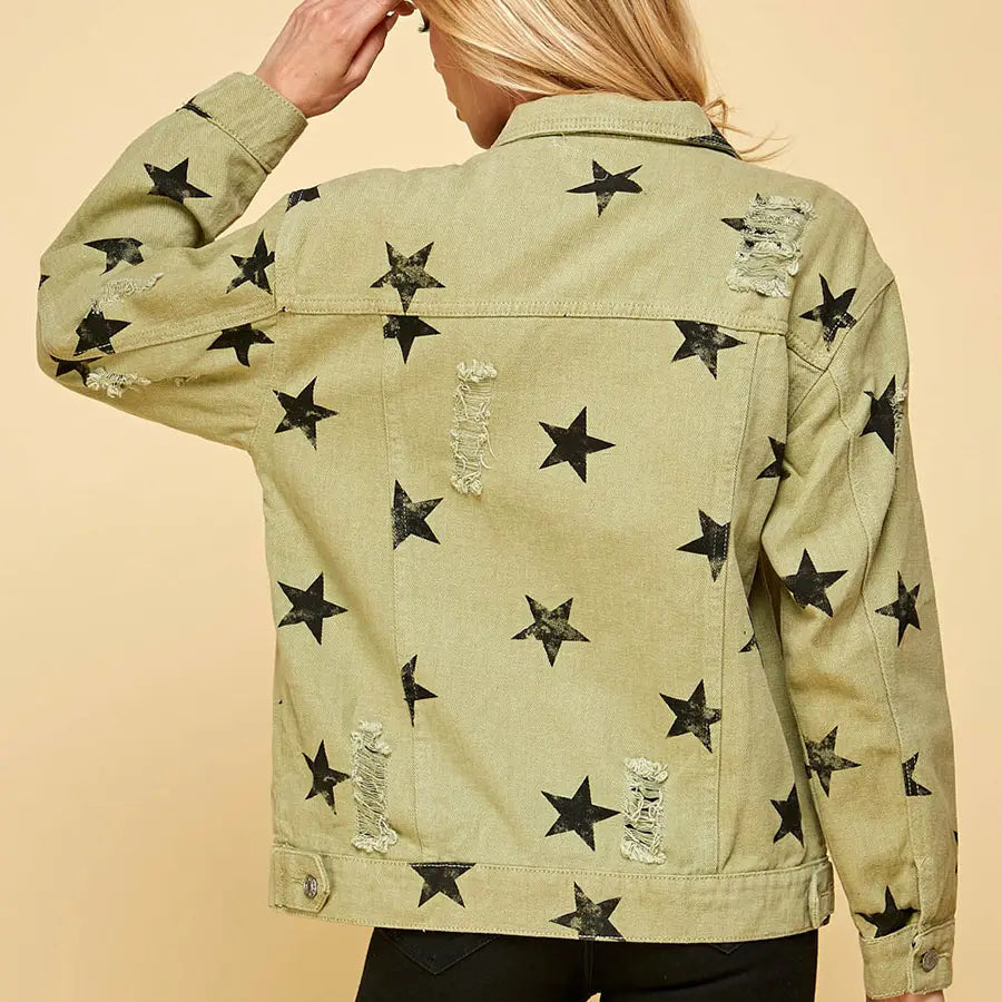 Sage Star Distressed Denim Jacket close-up vintage distressed denim