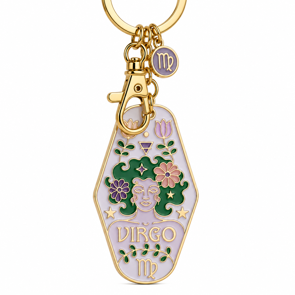 Gold-tone metal keychain featuring a coffin-shaped charm with an enamel Virgo zodiac design, including a face, flowers, stars, and the word 'Virgo', attached to a gold split ring and clasp.