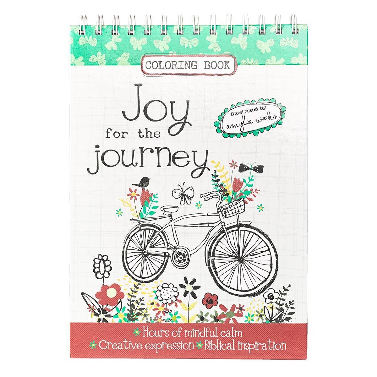 Joy for the Journey coloring book front cover with bicycle and floral illustration