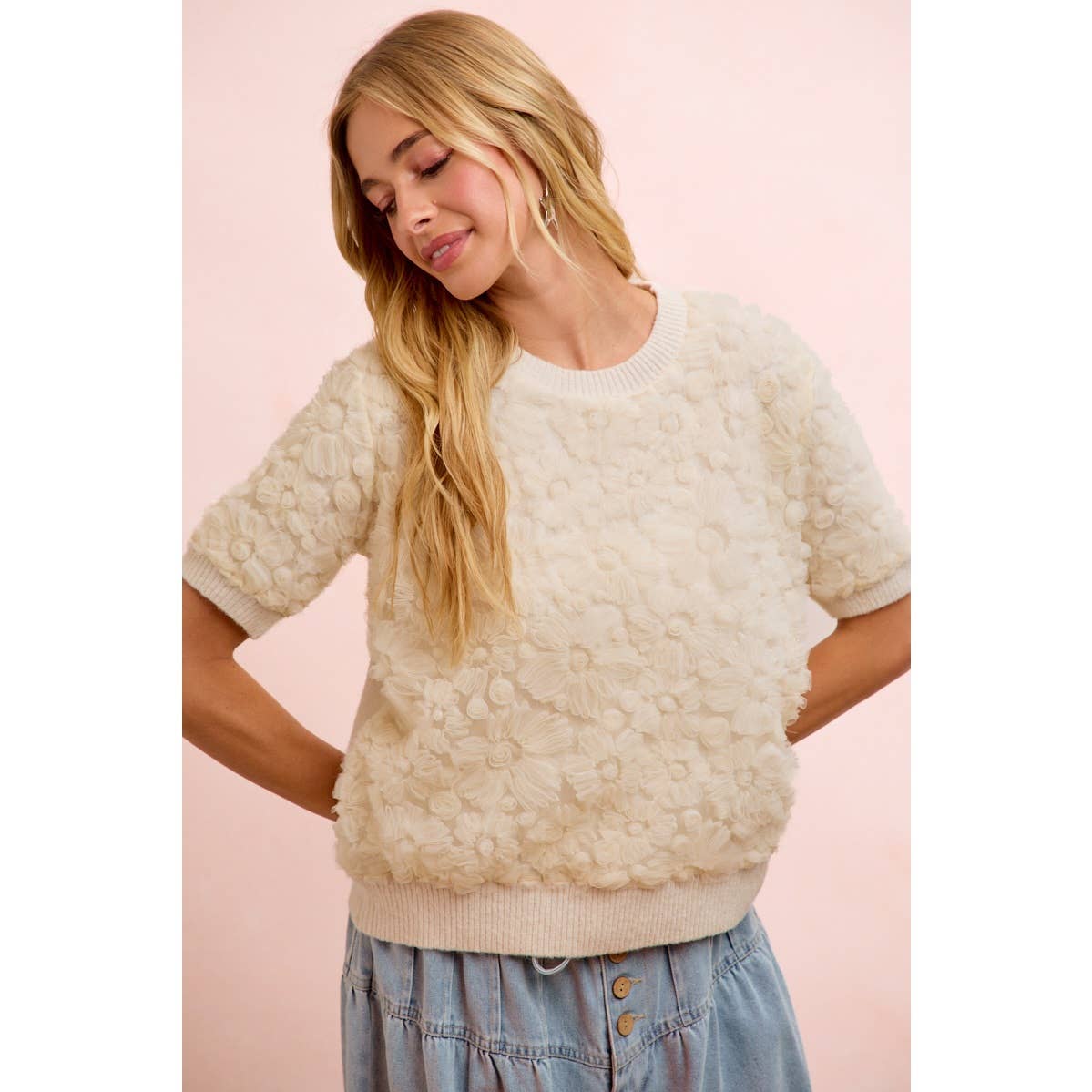 Ivory Bloom 3D Floral Knit Top, view 8 | Fitkitty Culture®