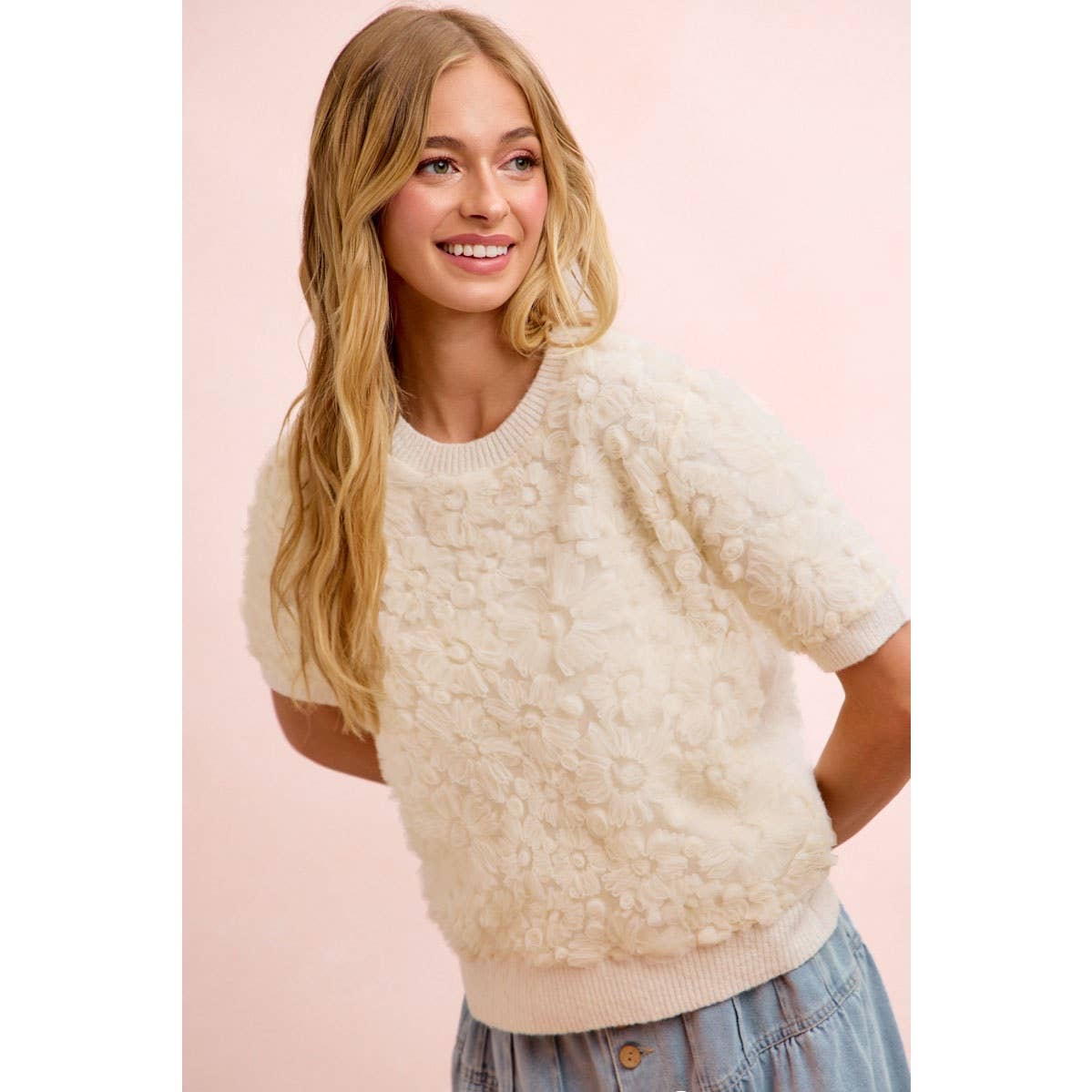 Ivory Bloom 3D Floral Knit Top, view 2 | Fitkitty Culture®