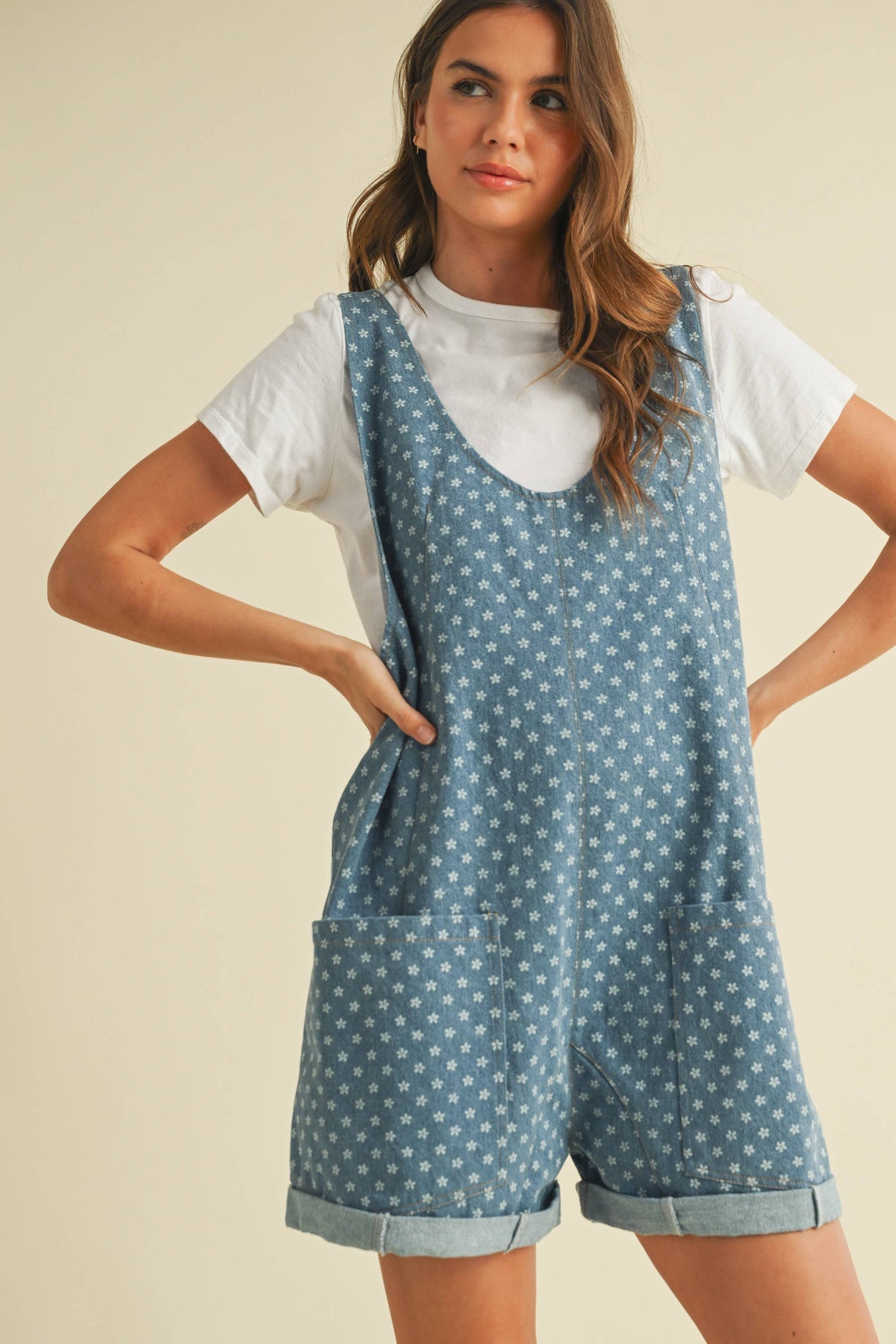 IR2267-A FLORAL PRINT DENIM SCOOP NECK OVERSIZED ROMPER - Fitkitty Culture Athleisure Wear, Yoga Wear & Women's Clothing