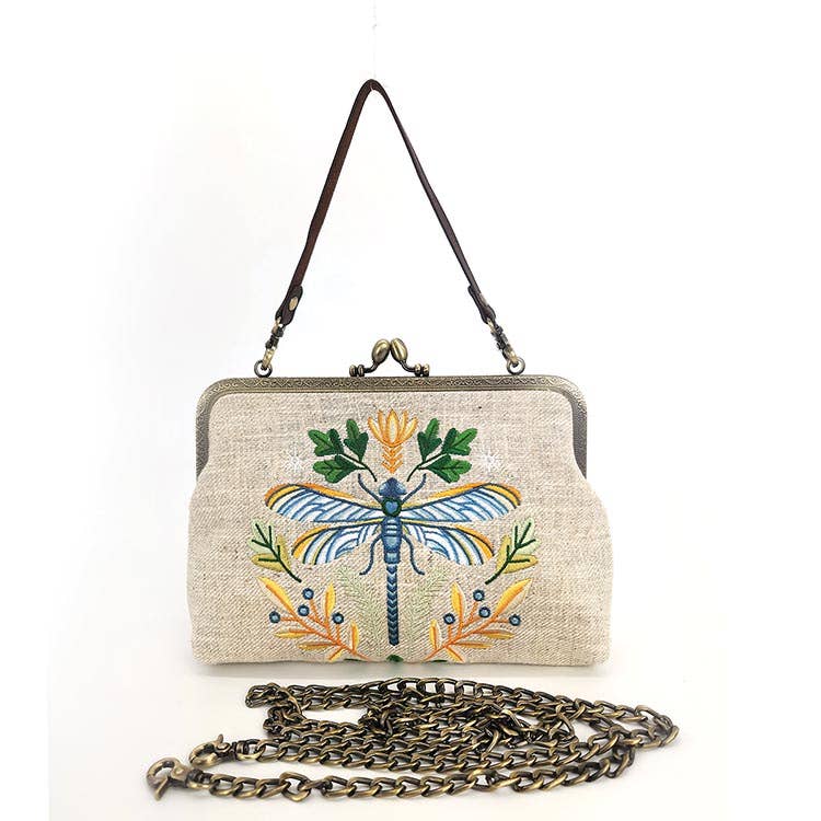 Dragonfly Kisslock Bag – Vintage-Inspired Embroidered Handbag with Detachable Strap - House of Caelo Athleisure Wear, Yoga Wear & Women's Clothing