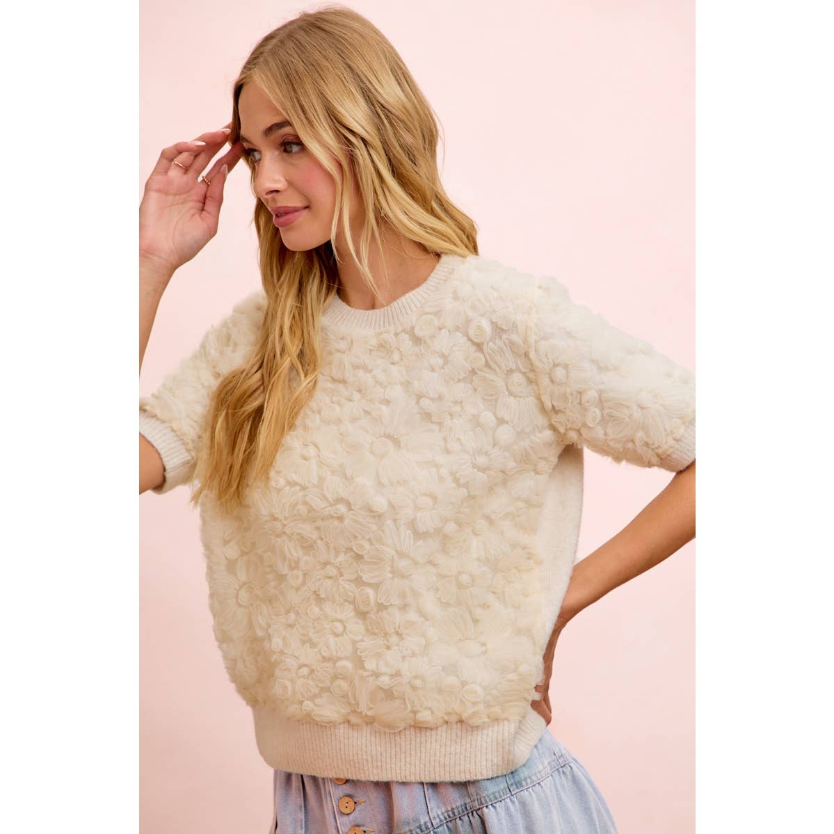 Ivory Bloom 3D Floral Knit Top, view 9 | Fitkitty Culture®