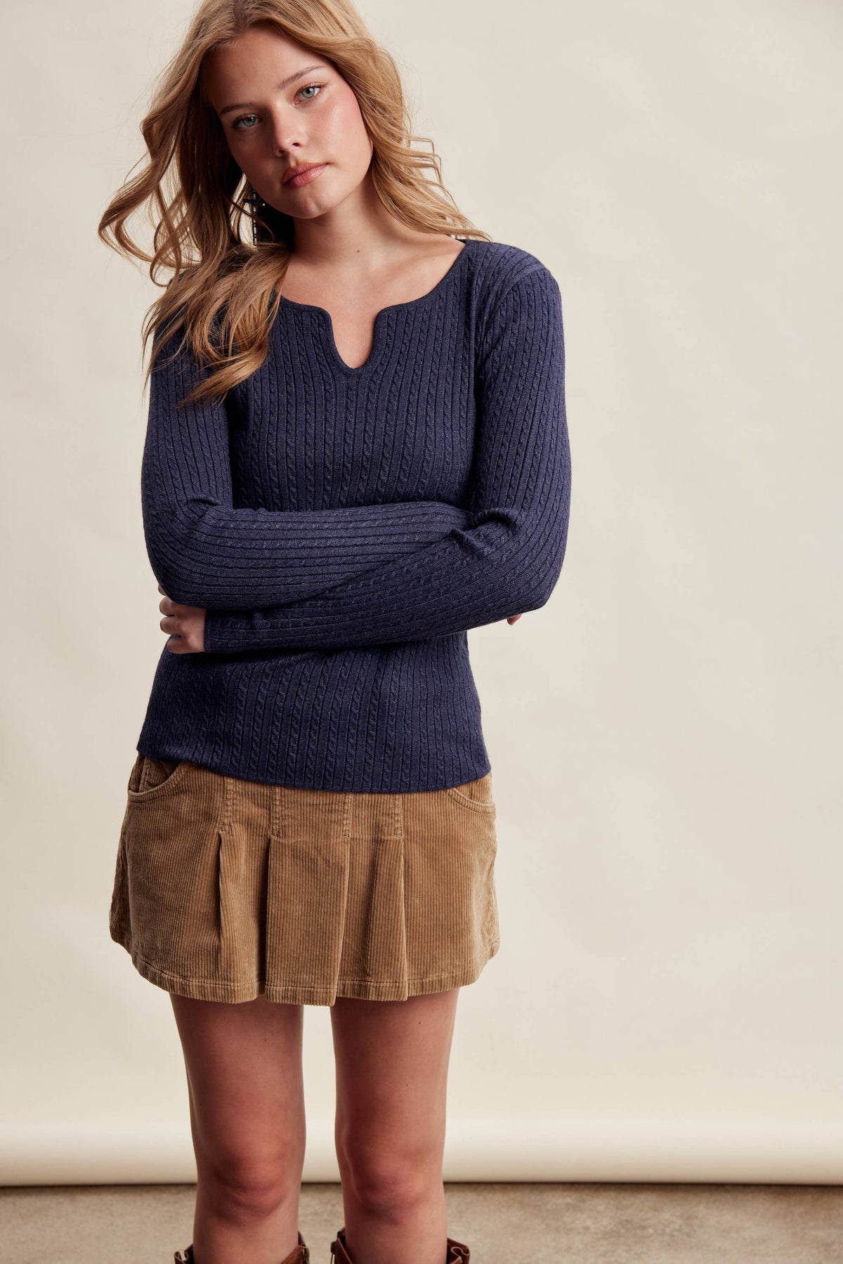 Ribbed V-Neck Knit Top