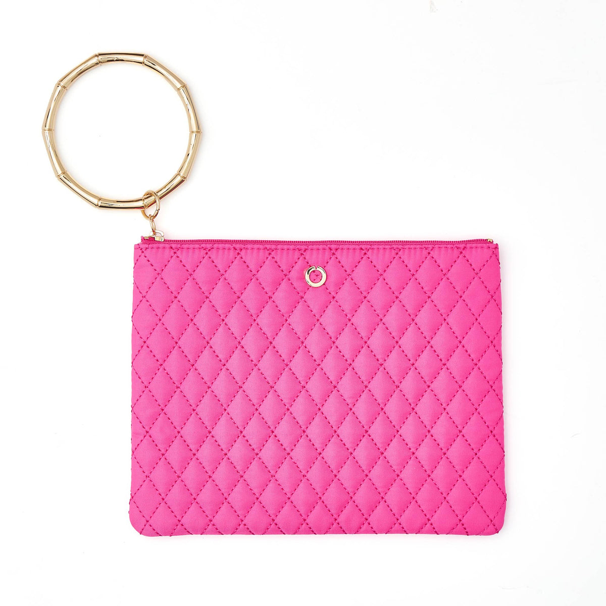 Front view of the Tickled Pink quilted Big O bracelet pouch with gold circular handle