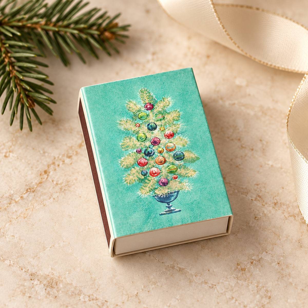 Vintage Holiday Tree Mini Matchbox — styled product photograph