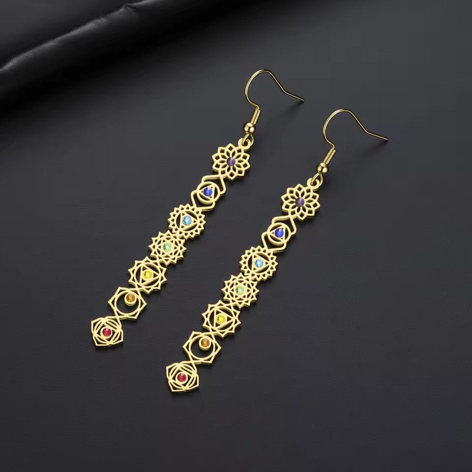Gold Aura Alignment Chakra Earrings with seven colorful stones