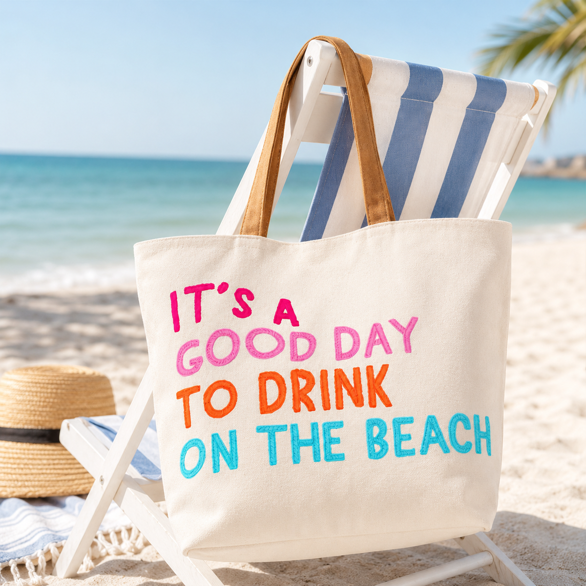 Cream embroidered Drink On The Beach coastal tote bag